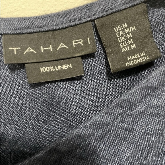 Tahari Women's Size Medium Blue Linen Dress Sleeveless V Neck Shirt Dress - Picture 2 of 7